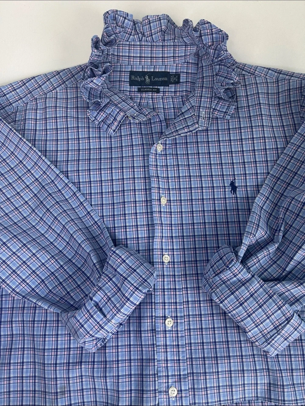 Upcycled Ralph Lauren Women’s Shirt Cropped Blue Pink Plaid with Ruffle Collar - Picture 7 of 12